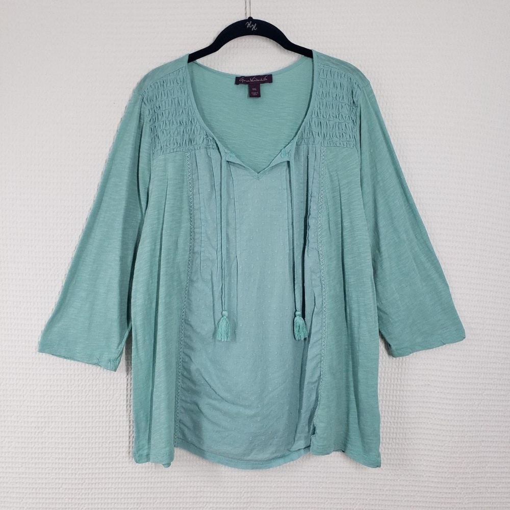 Gloria Vanderbilt Women's Blue Tassel Ties 3/4 Sleeve Textured Blouse